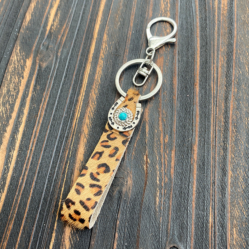 Wholesale Leopard Print Genuine Leather Pony Hair Western Style Keychain